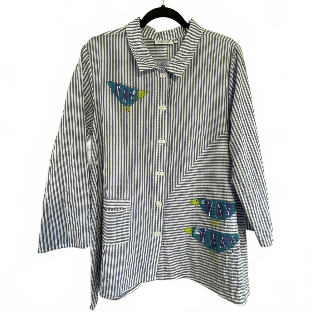 Habitat Blue & White Striped Button Down Shirt Painted Birds Size L